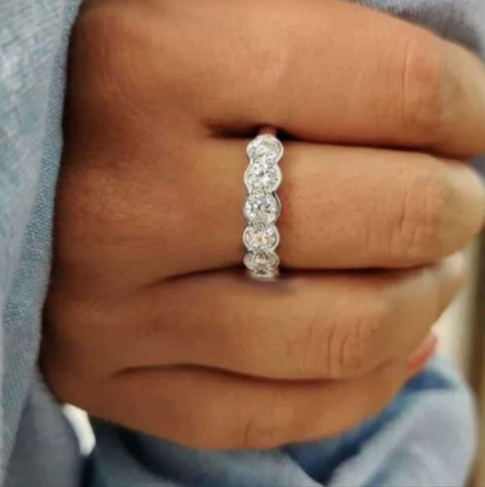 1.50Ct White Round Moissanite Half Bezel Set Wedding Band Ring In 14K White Gold